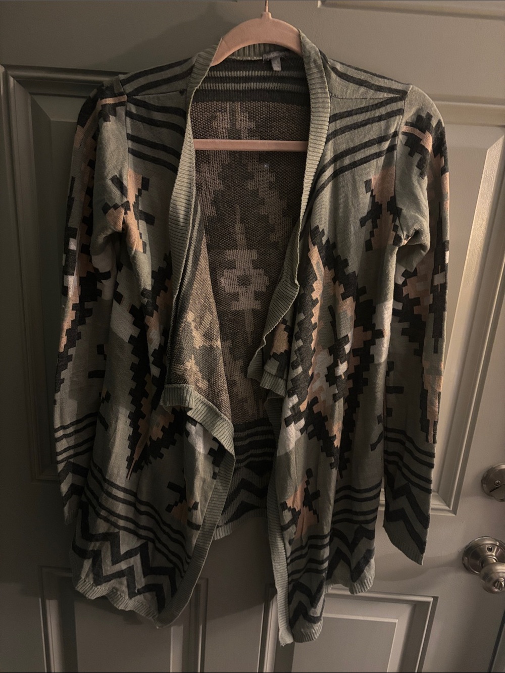 Charlotte Russe Sage Green and Beige Aztec Open-Front Cardigan